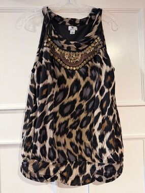 Worthington Leopard Print Tank Top Blouse with Gold Beaded Neckline